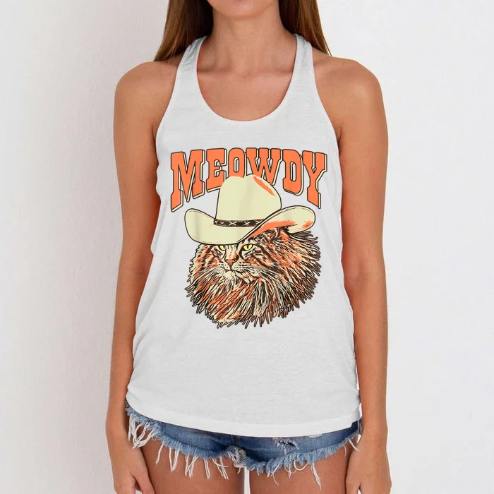 Meowdy Funny Country Music Cat Cowboy Hat Vintage Women's Knotted Racerback Tank