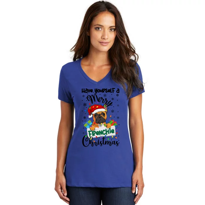 Merry Frenchie Christmas French Bulldog Xmas Party Gift Women's V-Neck T-Shirt