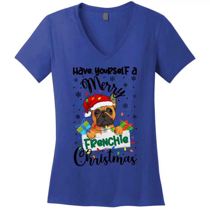 Merry Frenchie Christmas French Bulldog Xmas Party Gift Women's V-Neck T-Shirt