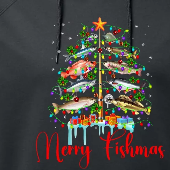 Merry Fishmas Christmas Tree Lights Fish Fishing Rod Performance Fleece Hoodie