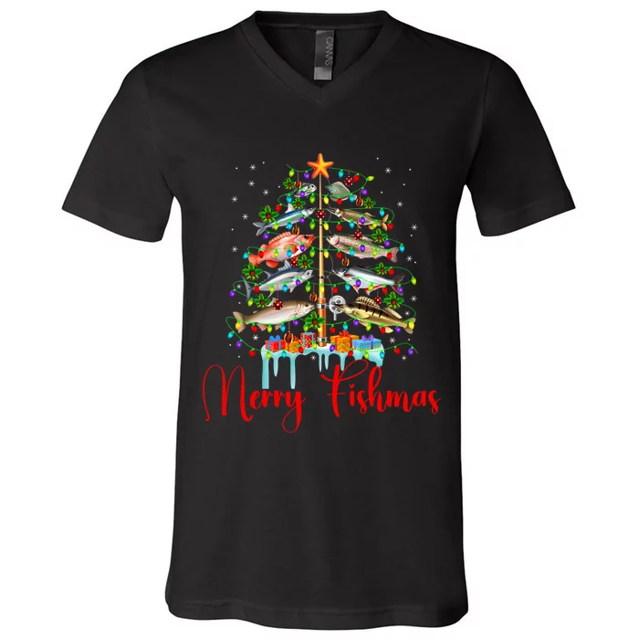 Merry Fishmas Christmas Tree Lights Fish Fishing Rod V-Neck T-Shirt