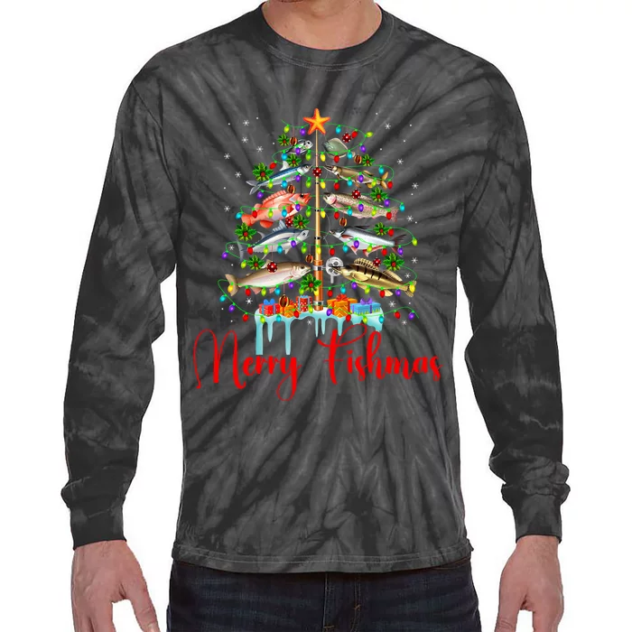 Merry Fishmas Christmas Tree Lights Fish Fishing Rod Tie-Dye Long Sleeve Shirt