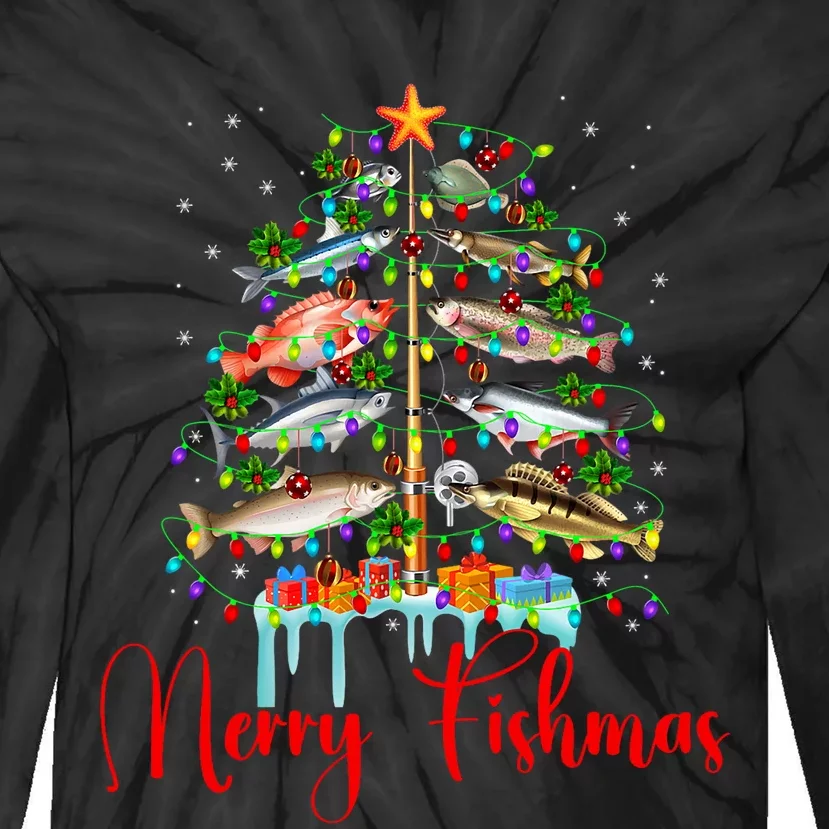 Merry Fishmas Christmas Tree Lights Fish Fishing Rod Tie-Dye Long Sleeve Shirt