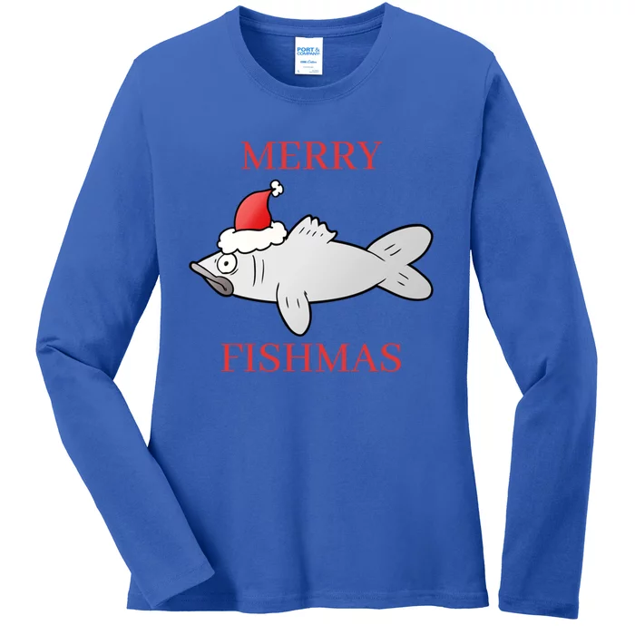 Merry Fishmas Christmas Fish Wearing A Santa Hat Cute Gift Ladies Long Sleeve Shirt