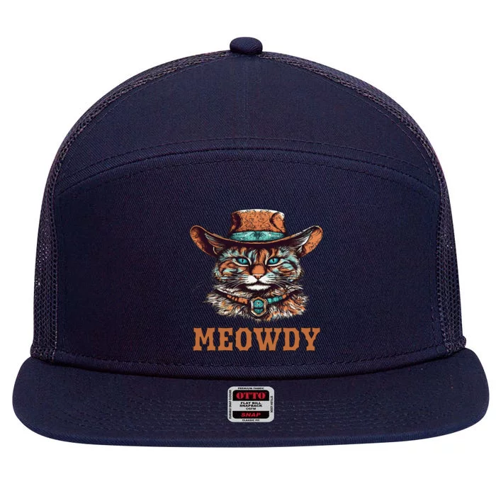 Meowdy Funny Cat Graphic Western Cowboy Cat Meow Howdy 7 Panel Mesh Trucker Snapback Hat