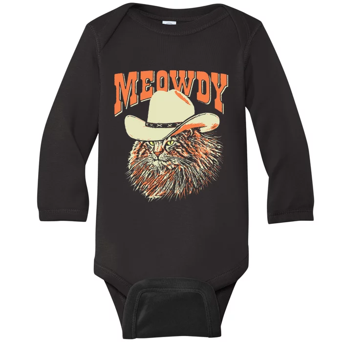 Meowdy! Funny Country Music Cat Cowboy Hat Vintage Baby Long Sleeve Bodysuit