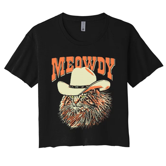 Meowdy! Funny Country Music Cat Cowboy Hat Vintage Women's Crop Top Tee