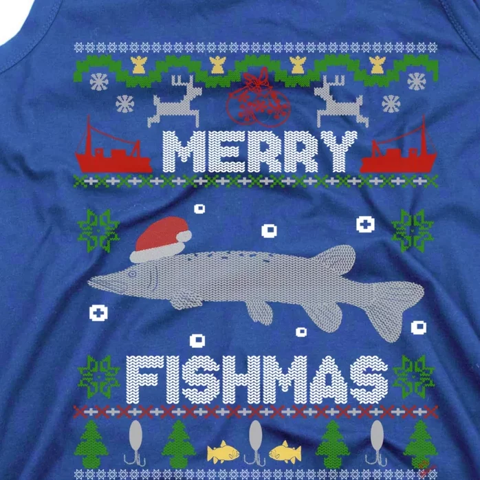 Merry Fishmas Christmas Sweater Looking Stiched Funny Fish Gift Tank Top