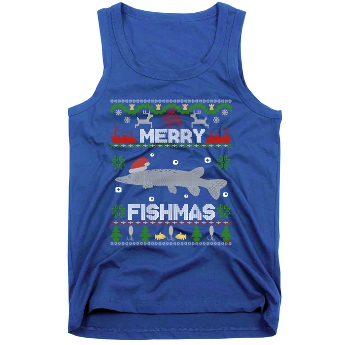 Merry Fishmas Christmas Sweater Looking Stiched Funny Fish Gift Tank Top