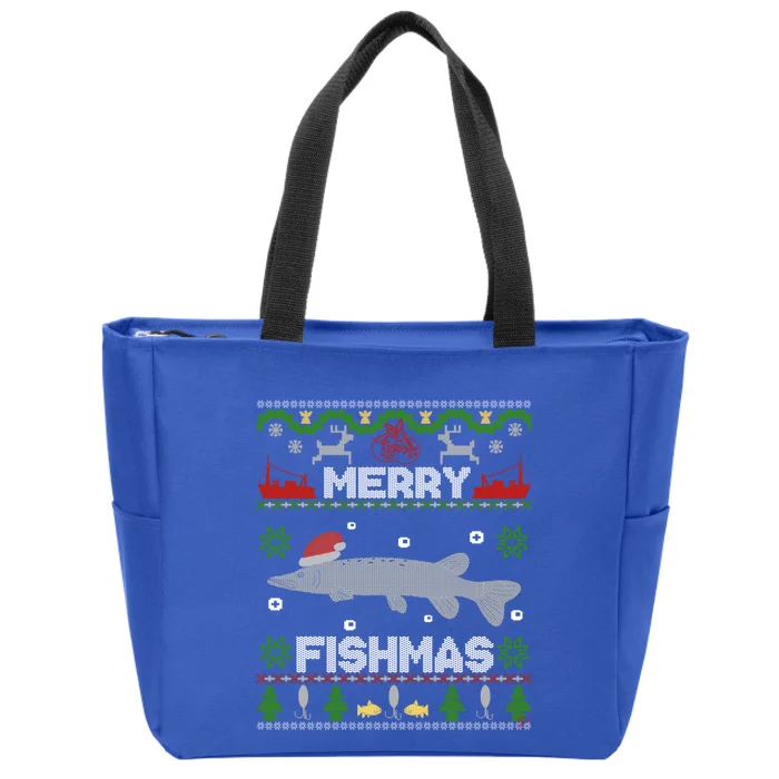 Merry Fishmas Christmas Sweater Looking Stiched Funny Fish Gift Zip Tote Bag