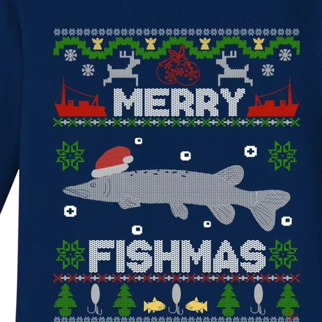 Merry Fishmas Christmas Sweater Looking Stiched Funny Fish Gift Baby Long Sleeve Bodysuit