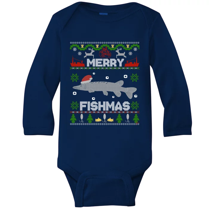 Merry Fishmas Christmas Sweater Looking Stiched Funny Fish Gift Baby Long Sleeve Bodysuit