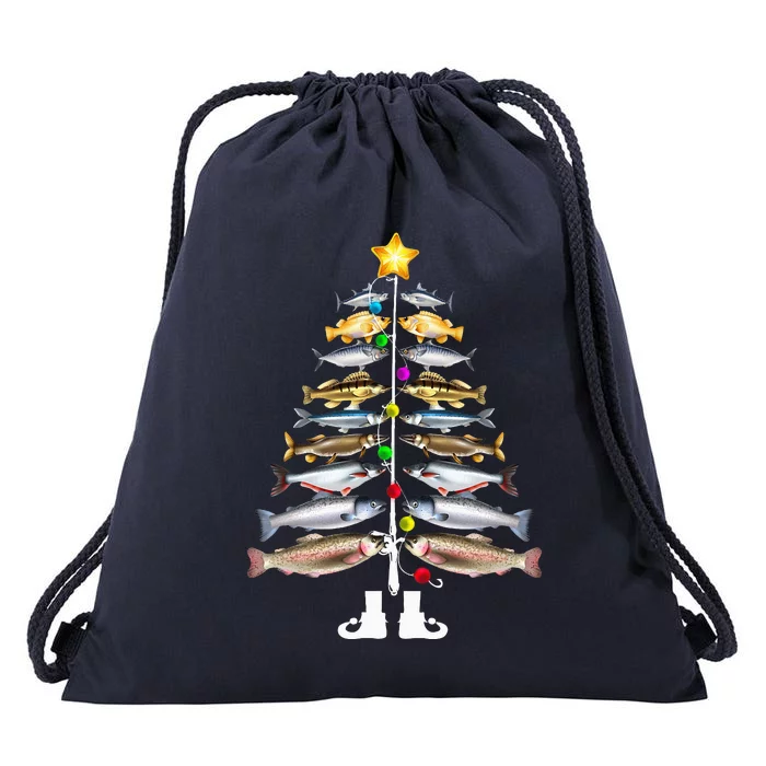 Merry Fishmas Christmas Tree Funny Fishing Drawstring Bag