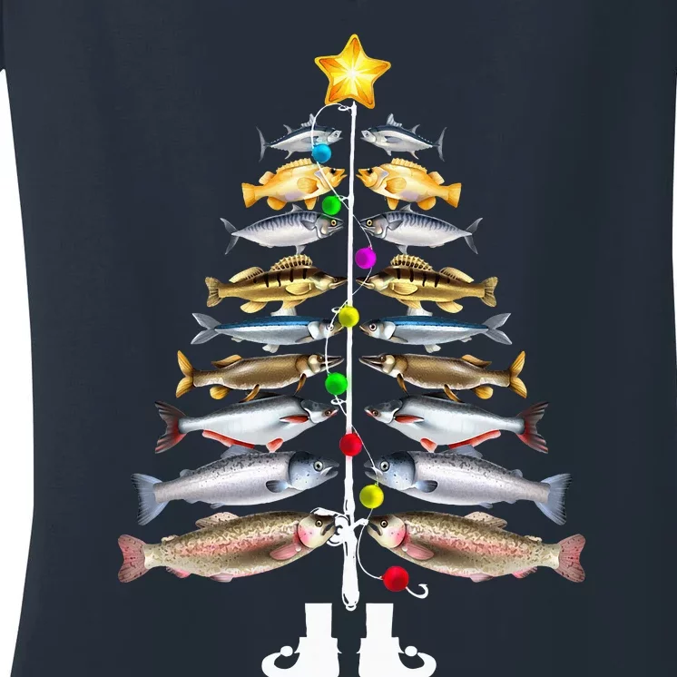 Merry Fishmas Christmas Tree Funny Fishing Women's V-Neck T-Shirt