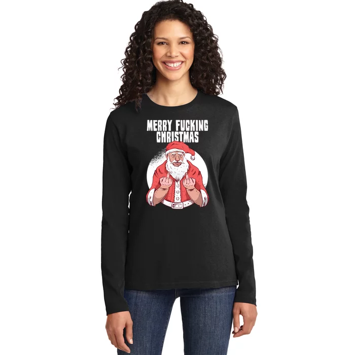 Merry Fucking Christmas Santa Claus Middle Finger Ladies Long Sleeve Shirt