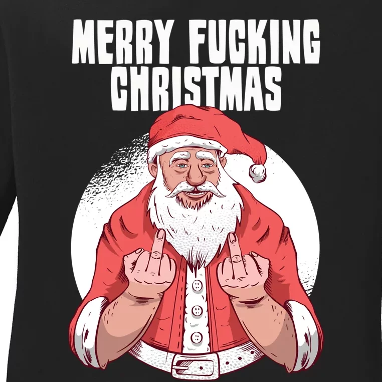 Merry Fucking Christmas Santa Claus Middle Finger Ladies Long Sleeve Shirt