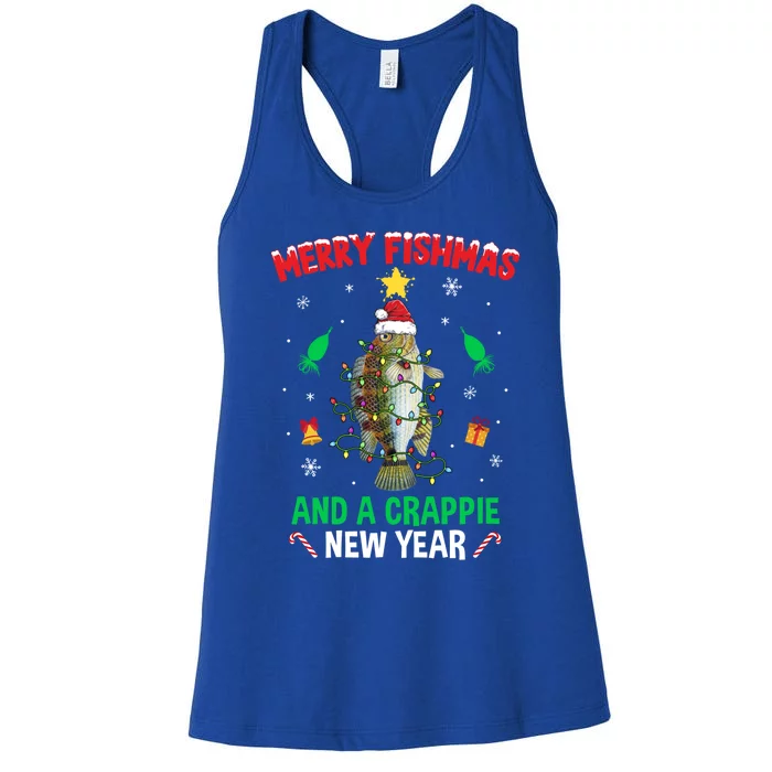 Merry Fishmas Crappie Christmas Tree Fishing Funny Xmas Gift Women's Racerback Tank