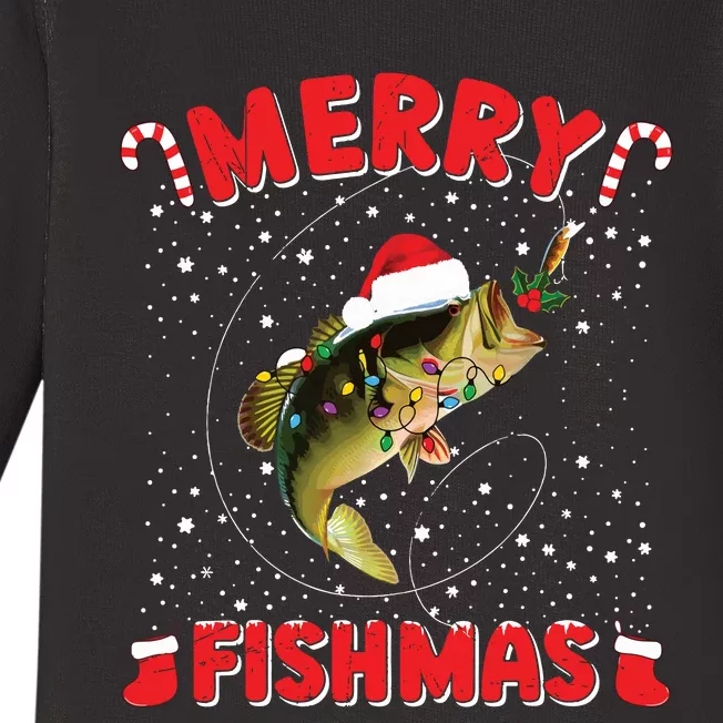 Merry Fishmas Christmas Bass Fishing Xmas Fishing Pajama Baby Long Sleeve Bodysuit