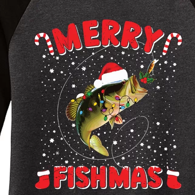 Merry Fishmas Christmas Bass Fishing Xmas Fishing Pajama Women's Tri-Blend 3/4-Sleeve Raglan Shirt