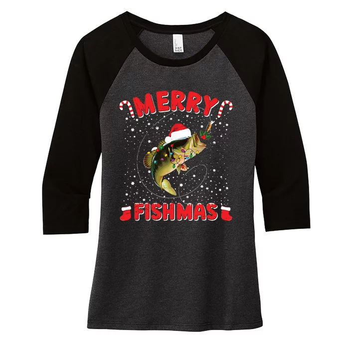 Merry Fishmas Christmas Bass Fishing Xmas Fishing Pajama Women's Tri-Blend 3/4-Sleeve Raglan Shirt