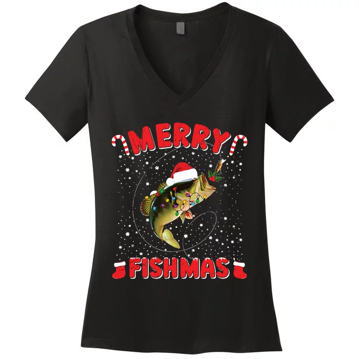 Merry Fishmas Christmas Bass Fishing Xmas Fishing Pajama Women's V-Neck T-Shirt