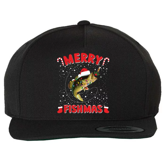 Merry Fishmas Christmas Bass Fishing Xmas Fishing Pajama Wool Snapback Cap