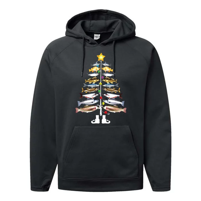 Merry Fishmas Christmas Tree Funny Fishing Performance Fleece Hoodie