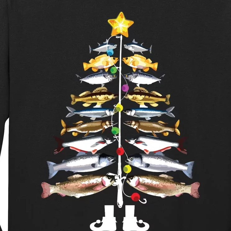 Merry Fishmas Christmas Tree Funny Fishing Tall Long Sleeve T-Shirt