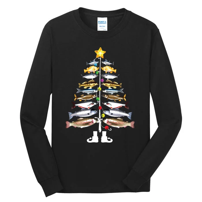 Merry Fishmas Christmas Tree Funny Fishing Tall Long Sleeve T-Shirt