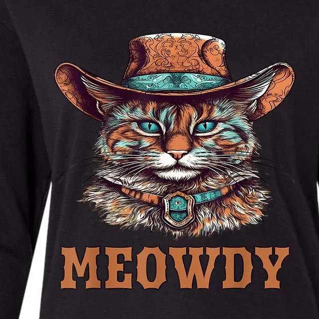 Meowdy Funny Cat Graphic Western Cowboy Cat Meow Howdy Womens Cotton Relaxed Long Sleeve T-Shirt