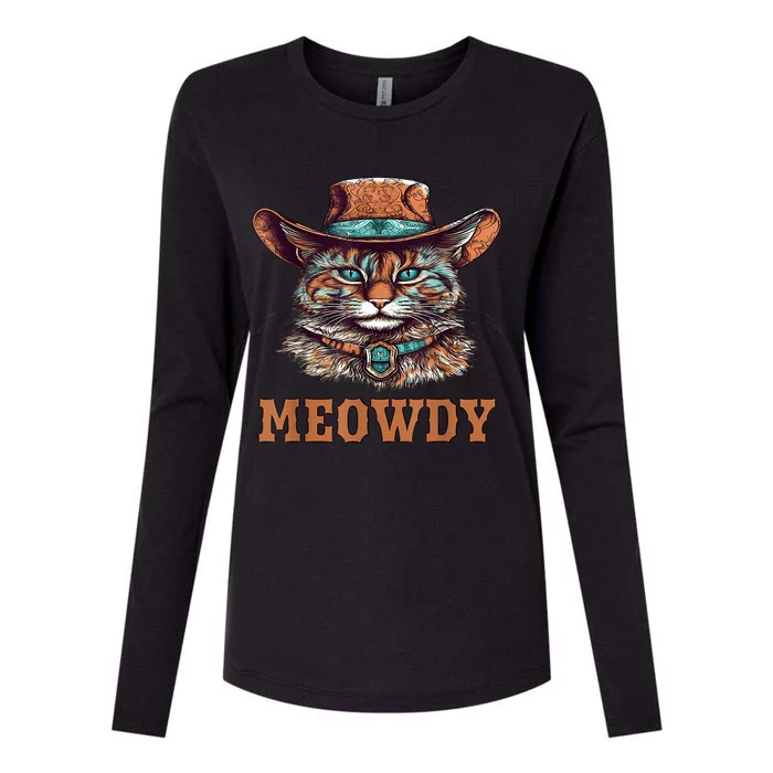 Meowdy Funny Cat Graphic Western Cowboy Cat Meow Howdy Womens Cotton Relaxed Long Sleeve T-Shirt