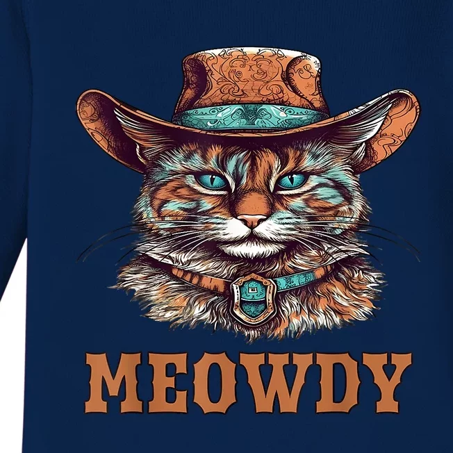 Meowdy Funny Cat Graphic Western Cowboy Cat Meow Howdy Baby Long Sleeve Bodysuit