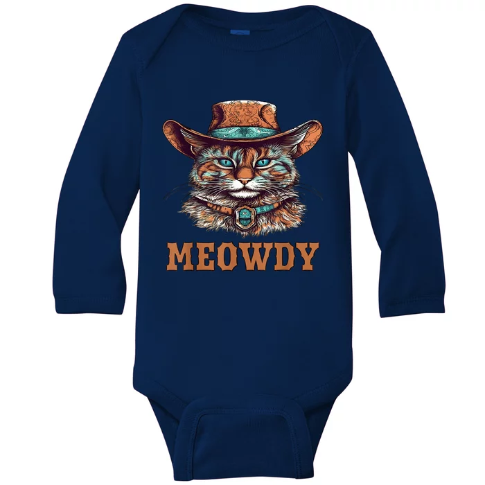 Meowdy Funny Cat Graphic Western Cowboy Cat Meow Howdy Baby Long Sleeve Bodysuit