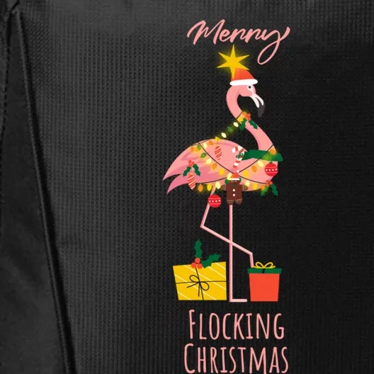 Merry Flocking Christmas Pink Flamingo Christmas Lights Xmas Funny Gift City Backpack