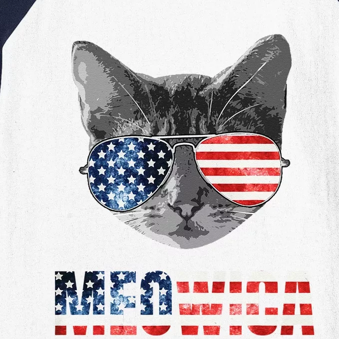 Meowica Funny Cat Patriotic USA American Flag Baseball Sleeve Shirt