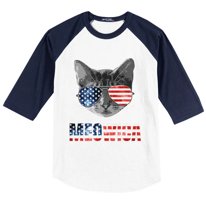 Meowica Funny Cat Patriotic USA American Flag Baseball Sleeve Shirt