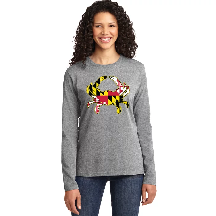 Maryland Flag Crab Design With Md Flag Colors Overlay Ladies Long Sleeve Shirt