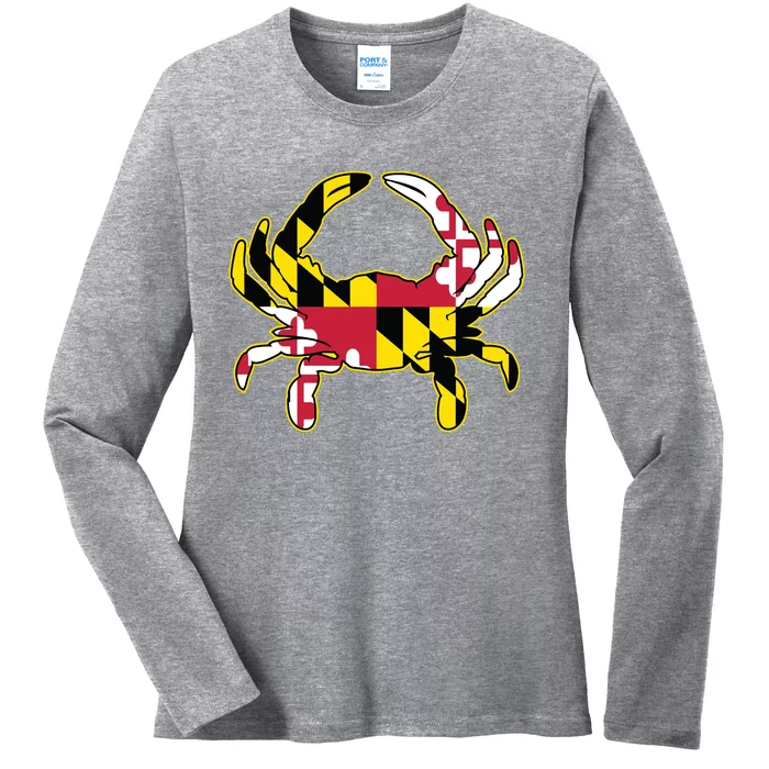 Maryland Flag Crab Design With Md Flag Colors Overlay Ladies Long Sleeve Shirt