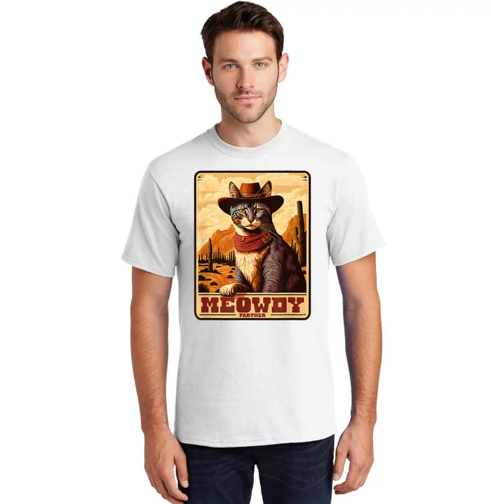 Meowdy! Funny Country Music Cat Cowboy Hat Wanted Poster Tall T-Shirt