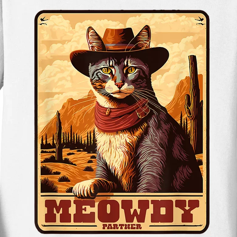 Meowdy! Funny Country Music Cat Cowboy Hat Wanted Poster Kids Long Sleeve Shirt