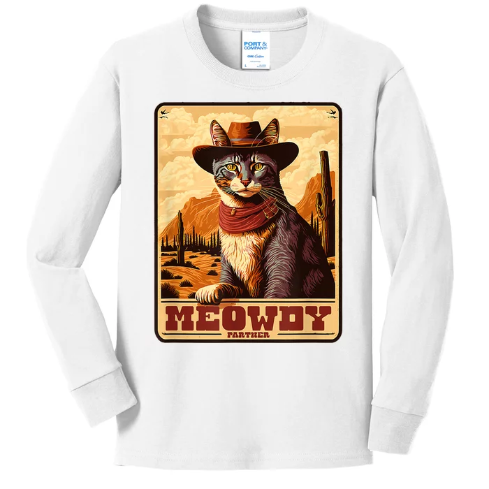 Meowdy! Funny Country Music Cat Cowboy Hat Wanted Poster Kids Long Sleeve Shirt