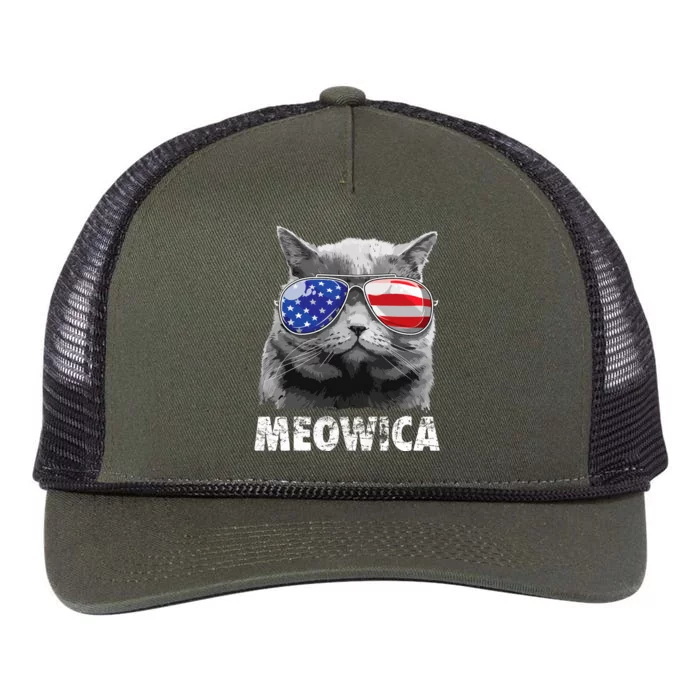 Meowica Funny Cat Patriotic USA , American Flag Retro Rope Trucker Hat Cap