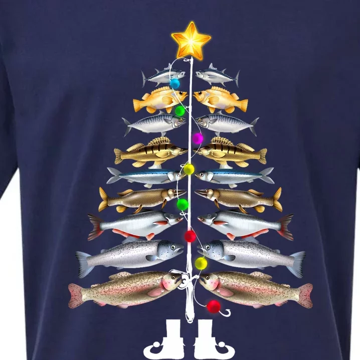 Merry Fishmas Christmas Tree Funny Fishing Sueded Cloud Jersey T-Shirt