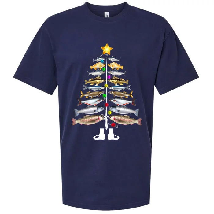 Merry Fishmas Christmas Tree Funny Fishing Sueded Cloud Jersey T-Shirt