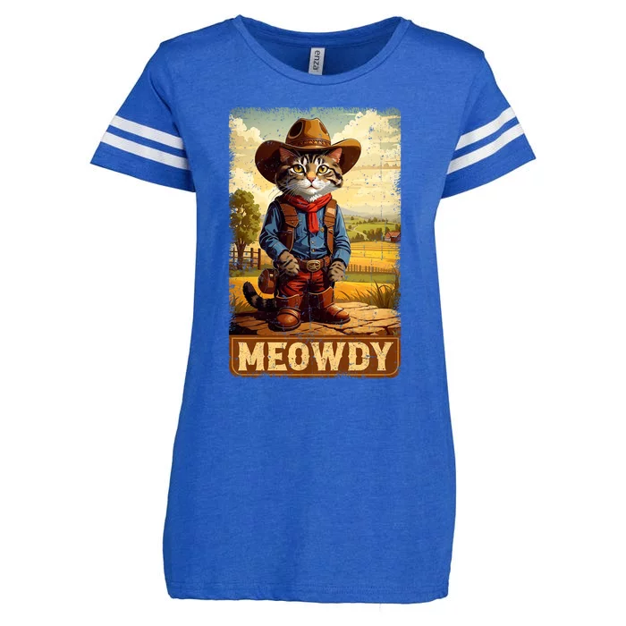 Meowdy Funny Country Side Cat Hat Vintage Cowboy Cat Enza Ladies Jersey Football T-Shirt