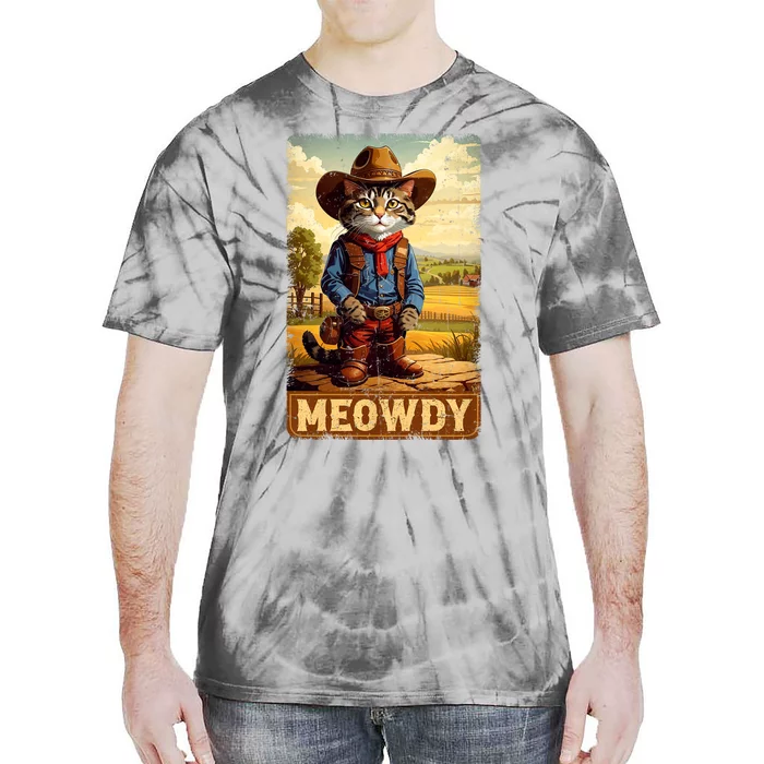 Meowdy Funny Country Side Cat Hat Vintage Cowboy Cat Tie-Dye T-Shirt