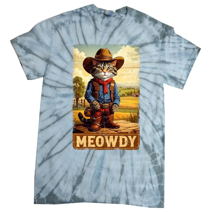 Meowdy Funny Country Side Cat Hat Vintage Cowboy Cat Tie-Dye T-Shirt