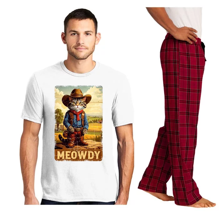 Meowdy Funny Country Side Cat Hat Vintage Cowboy Cat Pajama Set