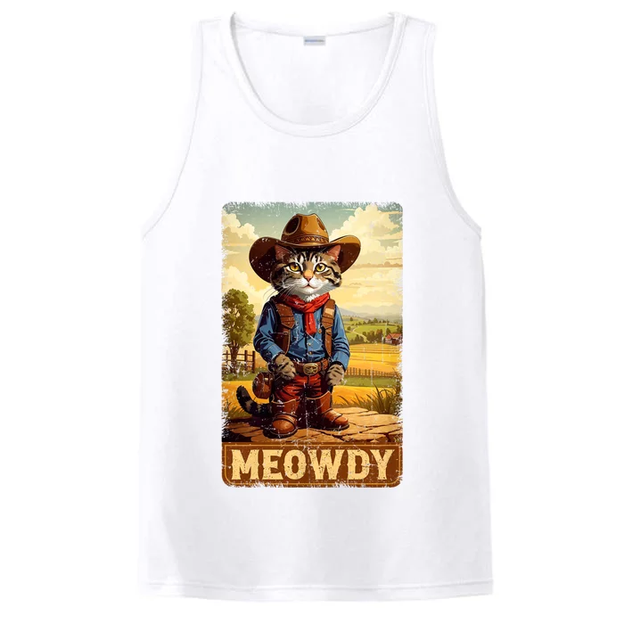 Meowdy Funny Country Side Cat Hat Vintage Cowboy Cat Performance Tank