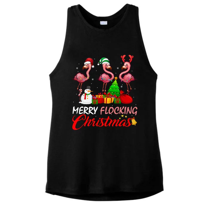 Merry Flocking Christmas Flamingo In Santa Hat Long Sleeve Ladies Tri-Blend Wicking Tank